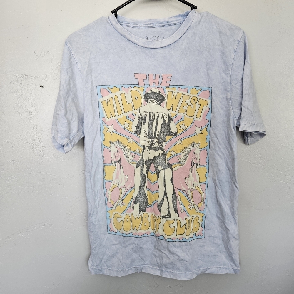 Lotus Fashion Women's Small Light Blue Wild West Cowboy Club Graphic Tee T-Shirt